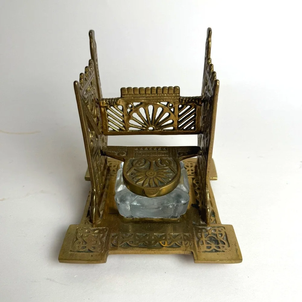 Antique Brass Ornate Desk Set Inkwell Holder Ornate Glass Insert‎
